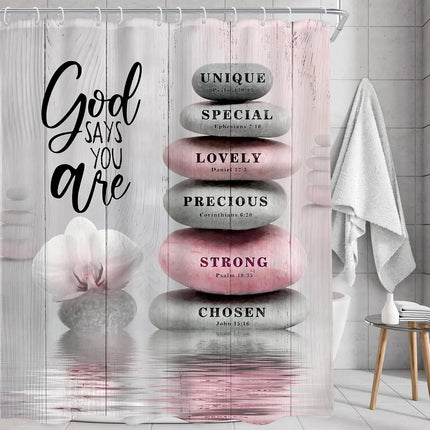 Pink Shower Curtain Bible Verse Scripture Christian Zen Stone Spa Meditation Relaxing Lotus Peach Blush Cloth Fabric Waterproof