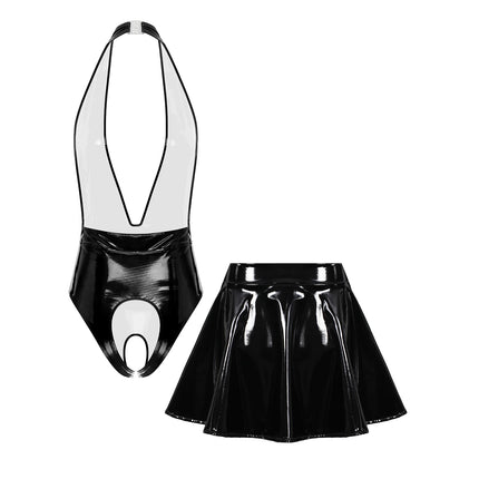 Sissy Women Leather Lingerie Set Halter Sleeveless Crotch Opening Bodysuit with Mini Skirt Set for Lingerie Tempting Nightwear