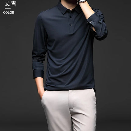 Minglu Mulberry Silk Men's Polo Shirts Luxury Long Sleeve Solid Color Golf Male T-shirts Spring Autumn Business Casual Man Tees