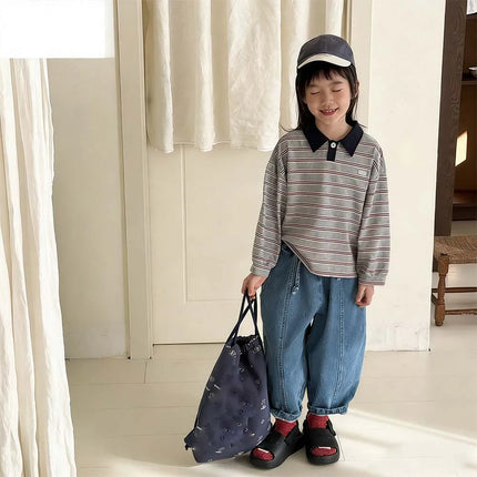 2026 Spring Children's Clothes Girls Long Sleeved T-shirts Toddler Boys Striped Tops Autumn 1-6Year Kids Polo Shirt