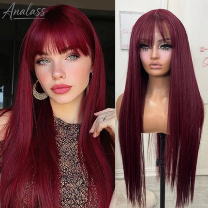 99J Burgundy Red Bone Straight Lace Front Wig With Bangs 13x4 HD Pre Plucked Glueless Synthetic pelucas On Clearance Sale
