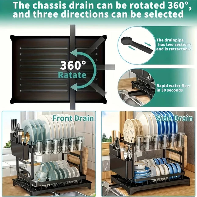 2-Tier Carbon Steel Dish Drying Rack with Drainboard, Large Capacity Kitchen Counter Organizer for Cups, Bowls & Bottles