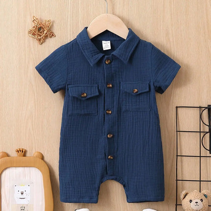 Summer Casual Comfort Soft Solid Color Simple Cotton Short Sleeve Romper Baby Girl Pocket Fashion Baby Boy Romper