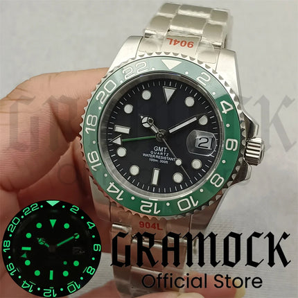 40mm GMT Men's Watch Ceramic Bezel Sapphire Glass Luminous Dial 10Bar Waterproof Sapphire Glass Stainless Steel Glideclas