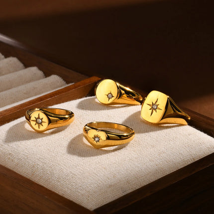 Stainless Steel Sunshine Signet Pinky Ring, Cubic Zirconia Inlay Ring Gold Plated, Non-Tarnish Fashion Jewelry
