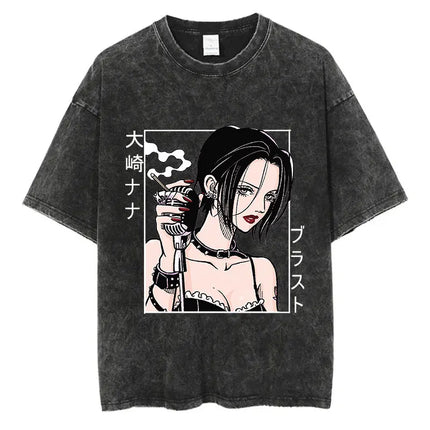 Japanese Anime Nana Osaki Print Vintage Washed T-shirt Harajuku Streetwear Graphic T-Shirt Summer Short Sleeve Cotton T-shirt