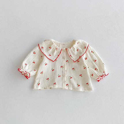Little Cherry, a full-print long-sleeved set with a large lapel, sweet and casual long pants