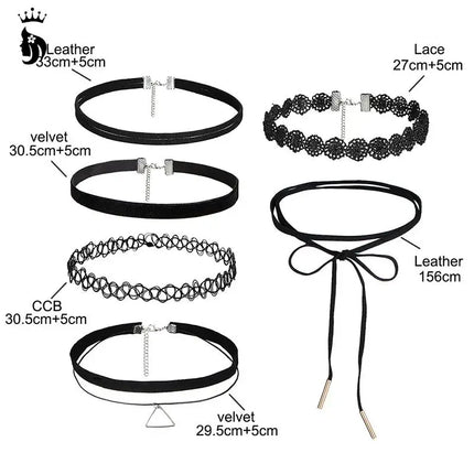 6Pcs/set Gothic Tattoo Black Lace Leather Velvet Collier 90S Punk Style Choker Necklaces