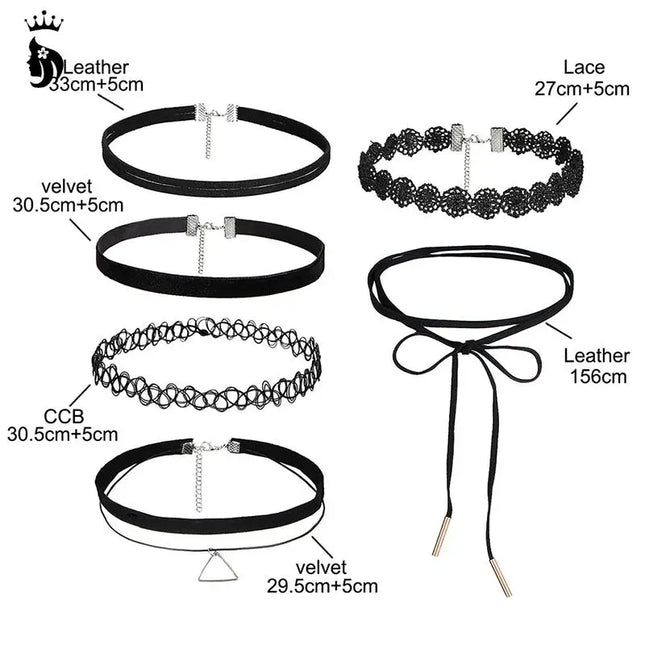 6Pcs/set Gothic Tattoo Black Lace Leather Velvet Collier 90S Punk Style Choker Necklaces