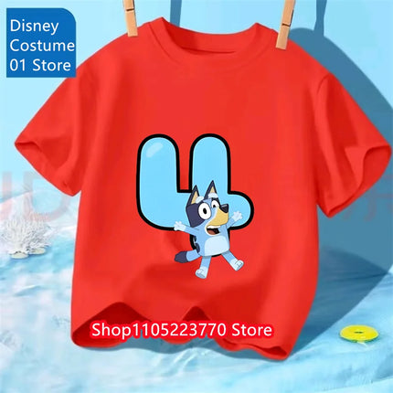 Kids Bluey 2-4 Birthday Number T-Shirt Autumn Winter Cartoon Printed Short Sleeve Tee for Boys Girls