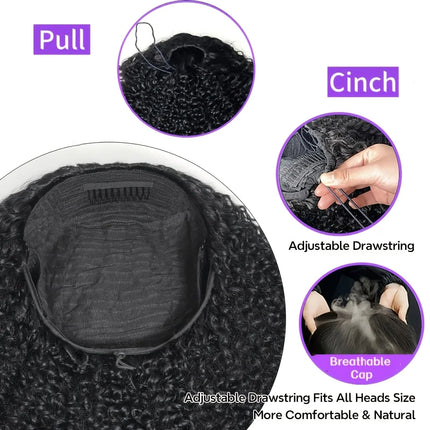 Burmese Curly Human Hair Half Wig 3-in-1 Glueless Natural Black  Spiral Ends With Drawstring Half Wigs for Beginners Wear And Go
