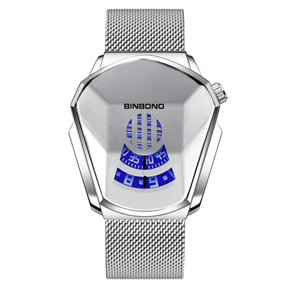 BINBOND Men Popular Fashion Motorcycle Concept Quartz Watch Luminous Steel Band Mesh Watch Touch Screen Black Technology Watch