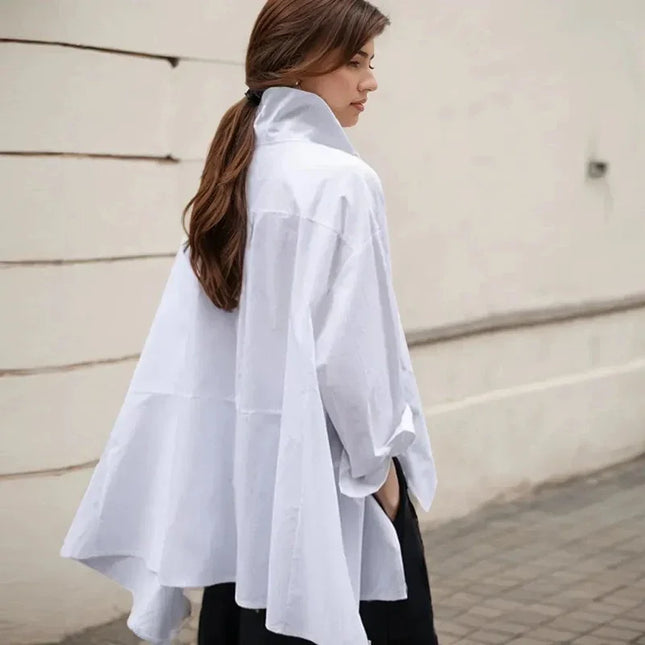 New Women T-Shirt Casual Irregular Loose Cloak Type White Shirts Fashion Lady Lapel Bat Sleeve Single Breasted Solid Color Tops