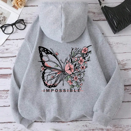 Women's Pink Butterfly Impossible Letters Pattern Printed Sweatshirt Fashion Warm Hoodie Loose Casual Hoodie Soft Clothing Y2K