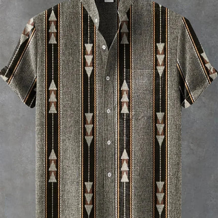 The new men's summer linen short-sleeved shirt features a pattern label. The clothing with artistic patterns, casual shirts.