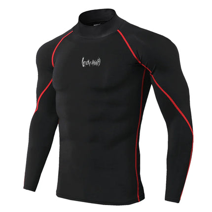 Men Gothic Print Compression T-Shirt Turtle Neck Quick-Dry Fitness Training
