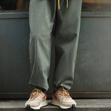 Maden Vintage Khaki Easy Pants Men's Casual Elastic Waist  Straight Trousers Skateboarding Jogger Ankle-tied Drawstring Pants
