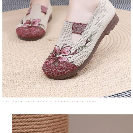 Women's Summer 2025 Breathable Soft-Soled Non-Slip Leisure Mesh Embroidered Flats