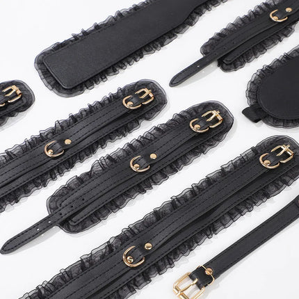 Sexy Lace Hand and Foot Cuffs with Leash Collar Bondage Seven-Piece Set Maid Training Props Couple Role-Play Intimate Toys 18+