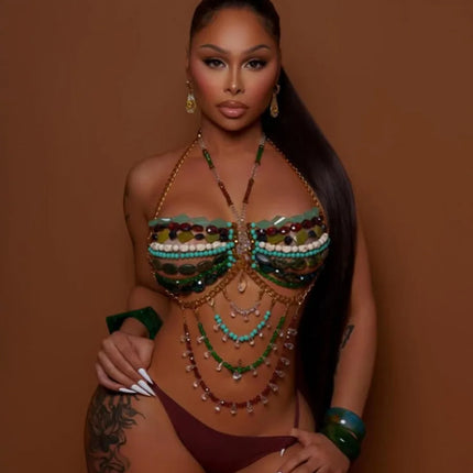 Women's Beading Vest Hollow Out Tops Body Beachwear Lingerie Harness Beaded Bralette Neck Bra Bustier Bra Women Club Rave