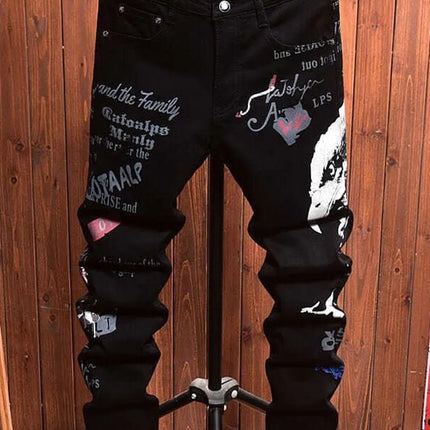 2025 Spring and Autumn New Fashion Trend Printed Black Straight Leg Jeans Men's Casual Comfort Breathable High Quality Pants