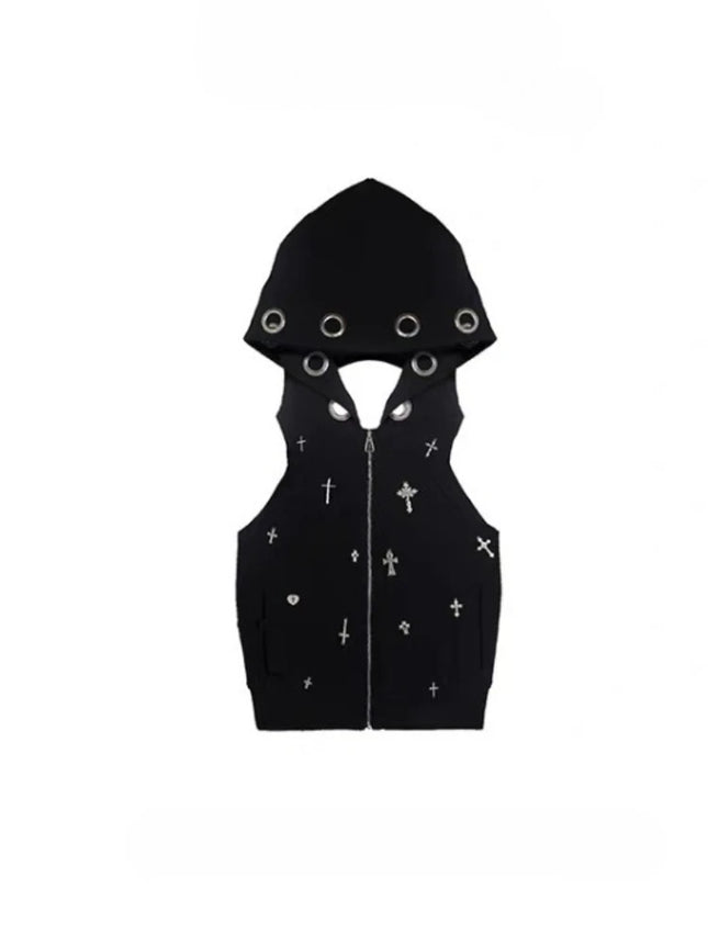 E-girl Vintage Subculture Letter Print Hooded 2000s Y2k Millennial Fashion Zipper Cardigan Summer Casual Sleeveless Tops Women
