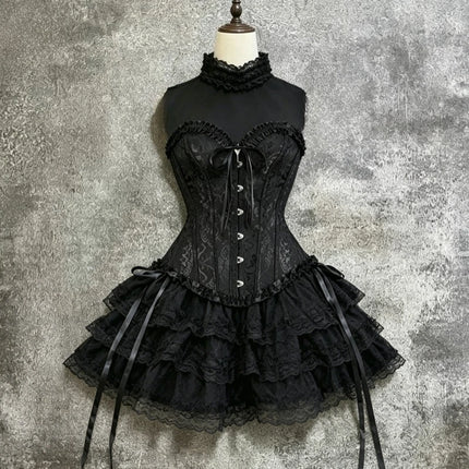 Japanese E-girl Gothic Vintage Dress Women Half High Neck Short Sleeve Bow Lace Mini Dress Cinch Waist Sweet Spicy Black Dress