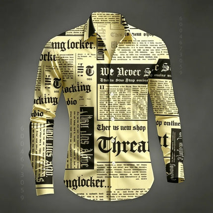 Men's Shirt Long Sleeved Shirt Newspaper Letter Print Retro Casual Single Breasted Shirt Street Style Trendy Men's Top XS-6XL