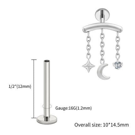 Right Grand ASTM F136 Titanium Hidden Helix Chain Earring 16G Dainty Star Moon CZ Dangle Cartilage Stud Piercing Jewelry