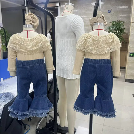 0-24months Baby Girls Pants Suit Long Sleeve Round Neck Lace Romper Tops Denim Bell-Bottoms Headband Clothes Set