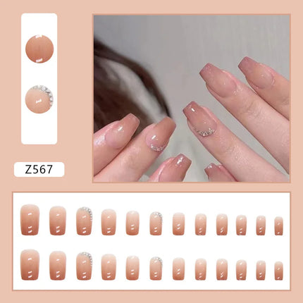 Sparkling Diamond 24 Pcs Press on Nails Pink Nail polish Glossy Artificial Finger Manicure Reusable False Nails