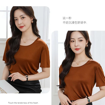 Summer High-End Women's Short Sleeve T-Shirt Acetate Fabric Knitted European Style Thin Hot Selling Top for Ladies