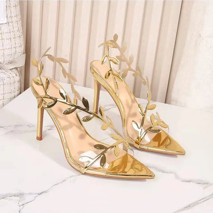 2024 Summer Fashion Patent Leather Gold Leaf Women Sandals Elegant Pointed toe Thin High heels Gladiator Sandalias Party Shoes