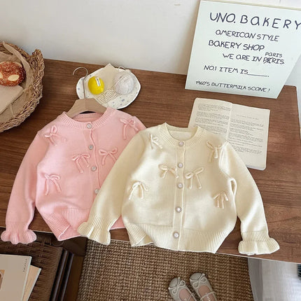 Childrens Clothing 2024 Autumn and Winter New Item Girls Bow Knit Cardigan Sweater Jacket Cute Baby Sweet Top Fashion