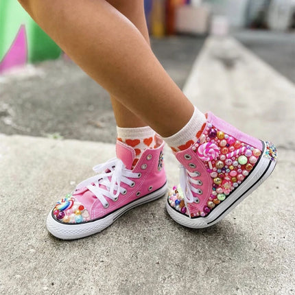 Handmade Rhinestones Bling Girls Women Kids And Mother Candy Canvas Shoes Pearls Sneakers For Girl Birthday Party Wedding