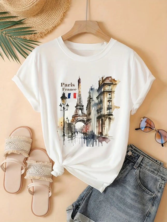 Women Casual Sleeve Collection Perfect Paris Souvenir Summer Fashion Parisian Charm Eiffel Tower Watercolor Print T-Shirt