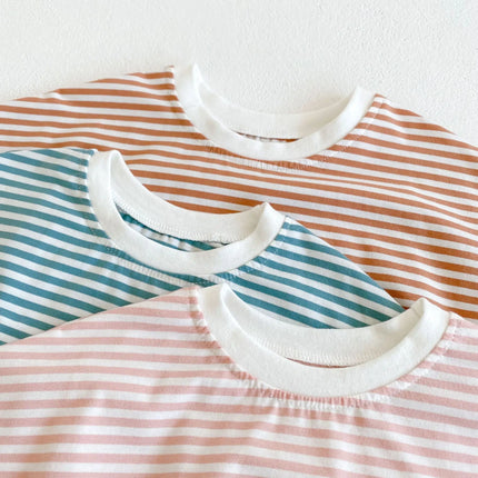 Summer style baby girl jumpsuit with cotton short sleeves, smiley face printed stripes, and a climbing suit
