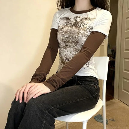 Street Hottie Fake Two T-shirts American Retro Print T-shirt EMO Harajuku Stitching Tees American Fashion Punk Top Ropa Mujer