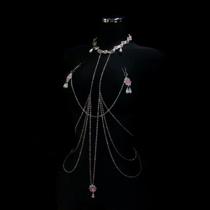 Pink Gemstone Necklace Nipple Clamps Erotic Tassel Body Chain 5 Sizes of Butt Plugs Chest Stimulation Integrated BDSM Restraint