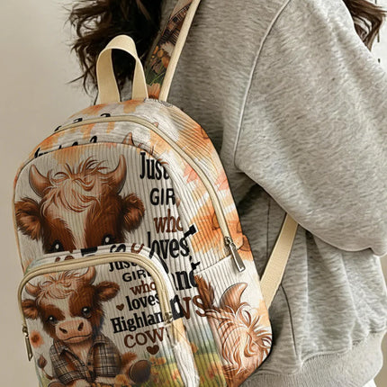 Highland Cow & Letter Print Allover Women Fashion Backpack Corduroy Multi-pocket Large Capacity Commuter Bag
