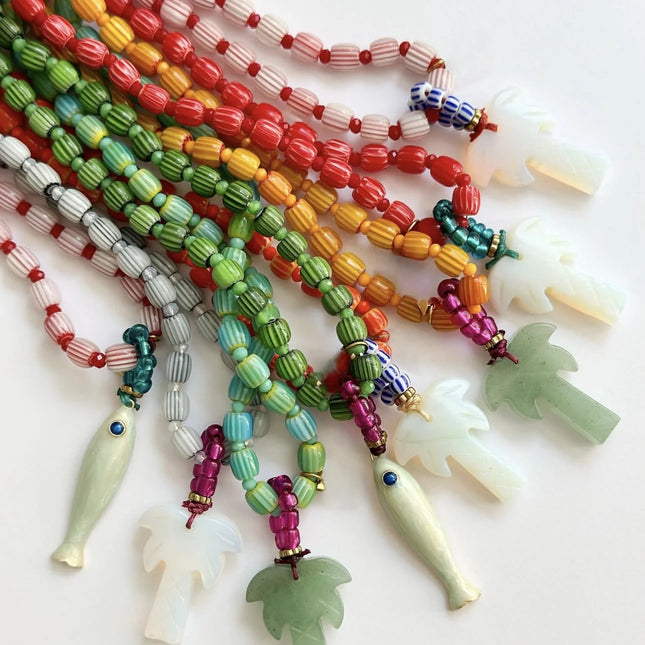 Nepal Style Glass Beads Spacial Print Lampwork Beads Necklace Handmade with Fish Coconut Tree