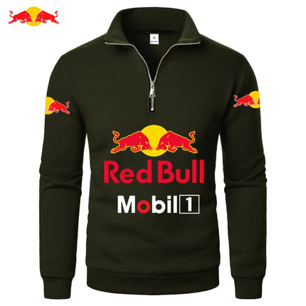 Red Bull Men's Sports Zipper Stand Collar Hoodie Youth Sweatshirt Solid Color Fashion Half-Zip Pullover Basic Warm Sportswear