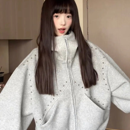 American Retro Rivet Splicing Cardigan Hooded Sweatshirt Women Fashion Loose Oversized Casual Vintage Classic Streetwear