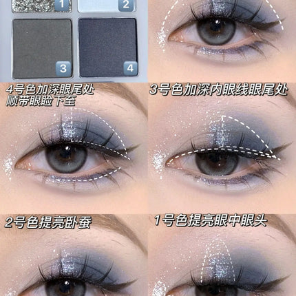 4-Color Glitter Blue Eyeshadow Palette Matte Pearl Shimmer Acrylic Smoky Grey Eye Shadow Palette Long Lasting Makeup Cosmetic