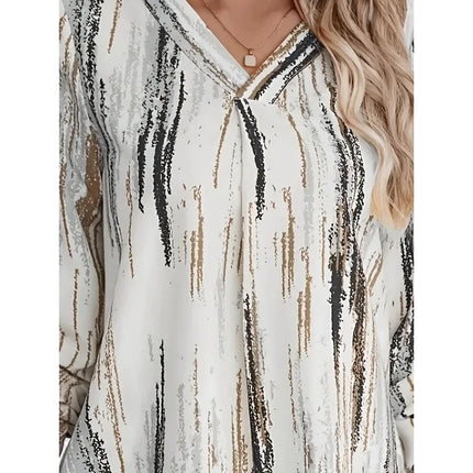 Plus Size Women's Casual New Casual V-neck Printed Fashionable Curved Hem Rolled Sleeve Shirt