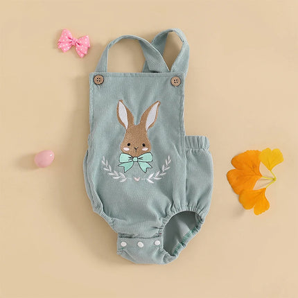 Baby Easter Romper Sleeveless Square Neck Bunny Embroidery Bodysuit Newborn Overalls