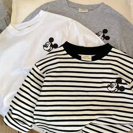 Baby Boys Girls Clothes 2025 Spring Children Cartoon Mickey Mouse Striped Raglan Sleeve Long Sleeve T-shirt Kid Fashion Clothing