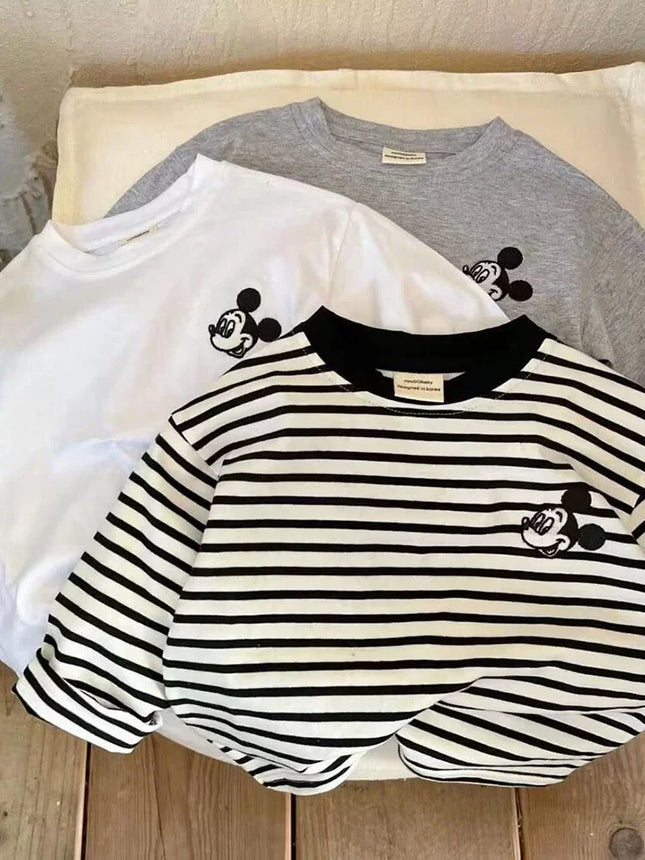 Baby Boys Girls Clothes 2025 Spring Children Cartoon Mickey Mouse Striped Raglan Sleeve Long Sleeve T-shirt Kid Fashion Clothing
