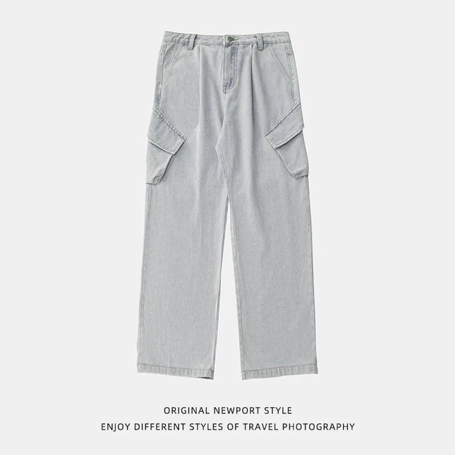 2025 new vintage washed workwear denim pants for men in autumn style, with relaxed fit and trendy brand, straight-leg design