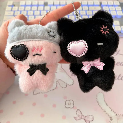 Cute Cartoon Plush Kitty Keychain Kawaii Black & Pink Cat Doll Backpack Decoration Pendant Bag Charm Accessory Gift